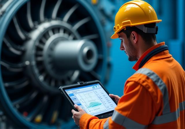Technician reviewing vibration data on a tablet next to a high-speed turbine
