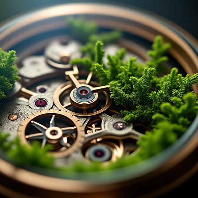 A precision watch mechanism merged with a growing plant
