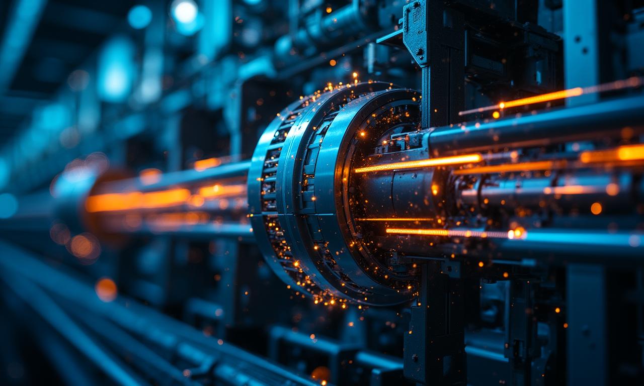 Close up of high-precision heavy machinery rotating with blue light trails