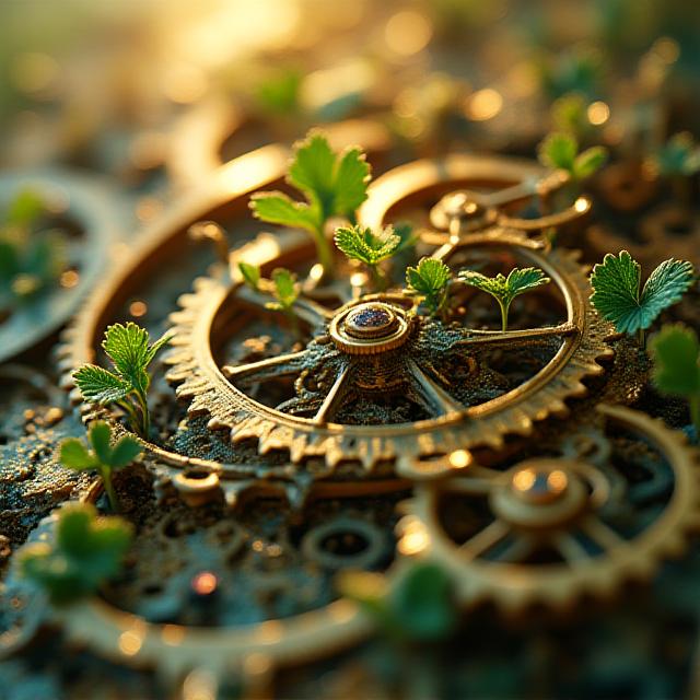 Abstract golden clockwork machinery with green leaves growing through the gears