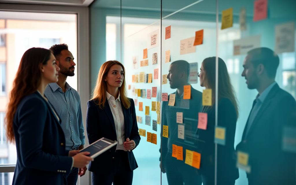 Team collaborating around a visual map of organizational values and employee feedback data